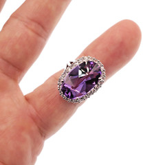 Fabulous 14k Solid White Gold 7.77ct Natural Amethyst & White Zircon Ring Size 6