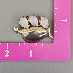 Vintage Brooch Odd Shape Carved Flower Glass Opalite Rhinestone Modernist 1 1/8″