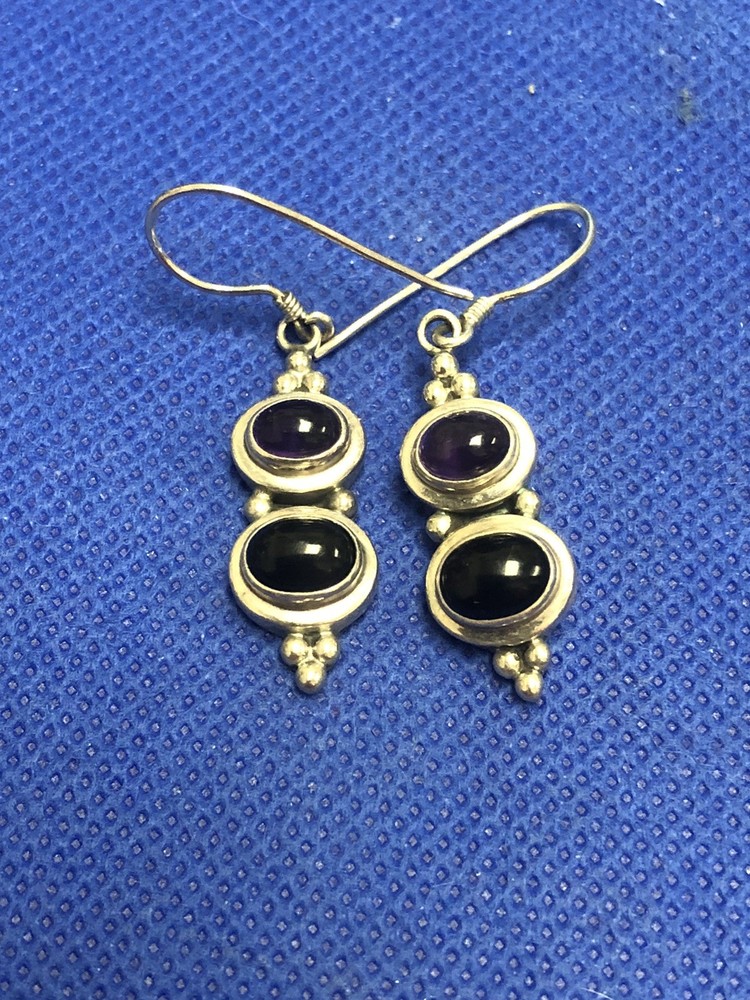 STUNNING ESTATE STERLING SILVER & ONYX DANGLE DROP EARRINGS 10.0 GRAMS