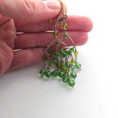 Vintage Silver Tone Leverback Peridot Green Beaded Chandelier Dangle Earrings