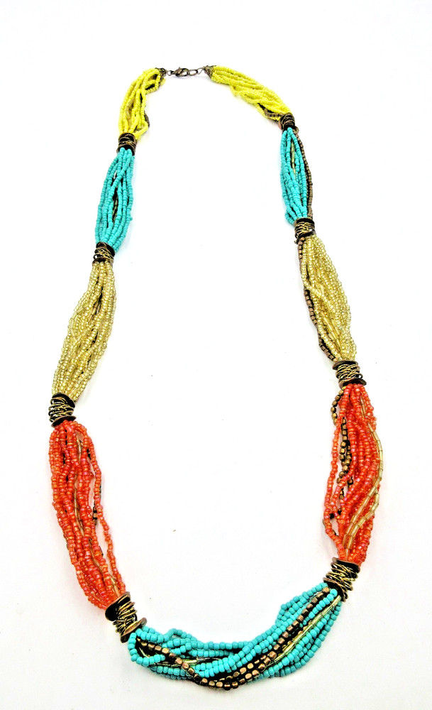 VTG MODERN ? 36″ LONG CHUNKY SEED BEAD necklace turquoise blue color gold tone