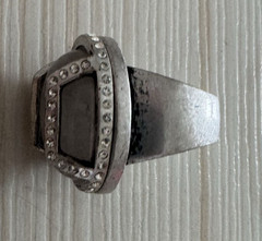 Signed Kim Fowley Statement Ring Silver Tone Gray Cabochon Rhinestone Vintage