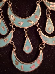 Vintage Alpaca Mexico Turquoise Inlay Statement Necklace 8”x4” Silver