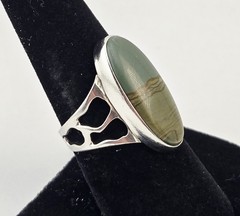 Vintage Sterling Silver Green Picture Jasper Gemstone Oval Ring Size 7.5 – 6.0g