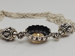 Multi Strand Silver 925 Bead Necklace Amber Glass Front Clasp Statement 17.5 in