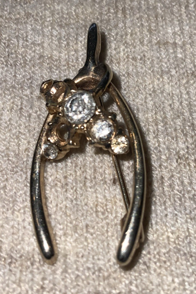 Gold Tone Wishbone Vintage Brooch With Clear Rhinestones ** Missing Stones