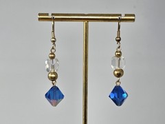 Blue & Clear AB Crystal Dangle Drop Earrings Gold Tone Accents Vintage 2 Inches