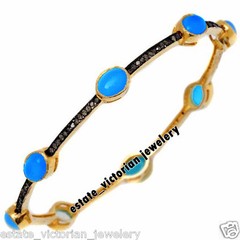 Vintage 1.52Ct Rose Cut Diamond Turquoise Silver Amazing Bracelet Bangle Jewelry