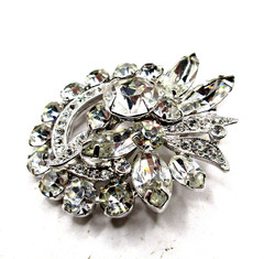 Vintage Signed Eisenberg Ice Rhodium-Plated Sparkling Rhinestone Floral Brooch