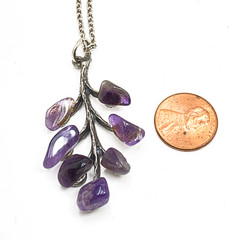 Natural Amethyst Stone Necklace Silver Tone Leaf Branch Pendant 26 In