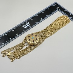 Vintage Goldette Trinket Locket Multi Strand Chain 30-42″ Blue Red Scrollwork