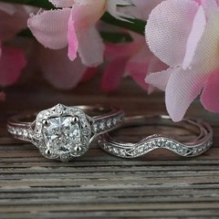 Art Deco Cushion Lab Created Diamond Valentine’s 14Ct White Gold Finish Ring Set