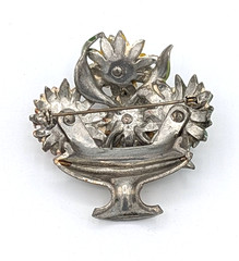 Vintage Pot Metal Brooch Enamel Giardinetti Flower Basket Rhinestone Urn Deco