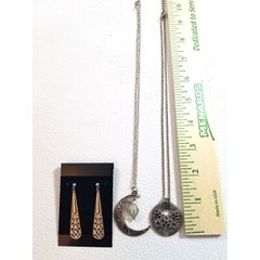 Vintage Necklaces Silver Tone Moon Shaped Black Crystals Dangle Earrings Set 3
