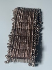 Vintage Silver Tone Stretch Cuff Bracelet Dangle Bead Fringe Boho gypsy jingle