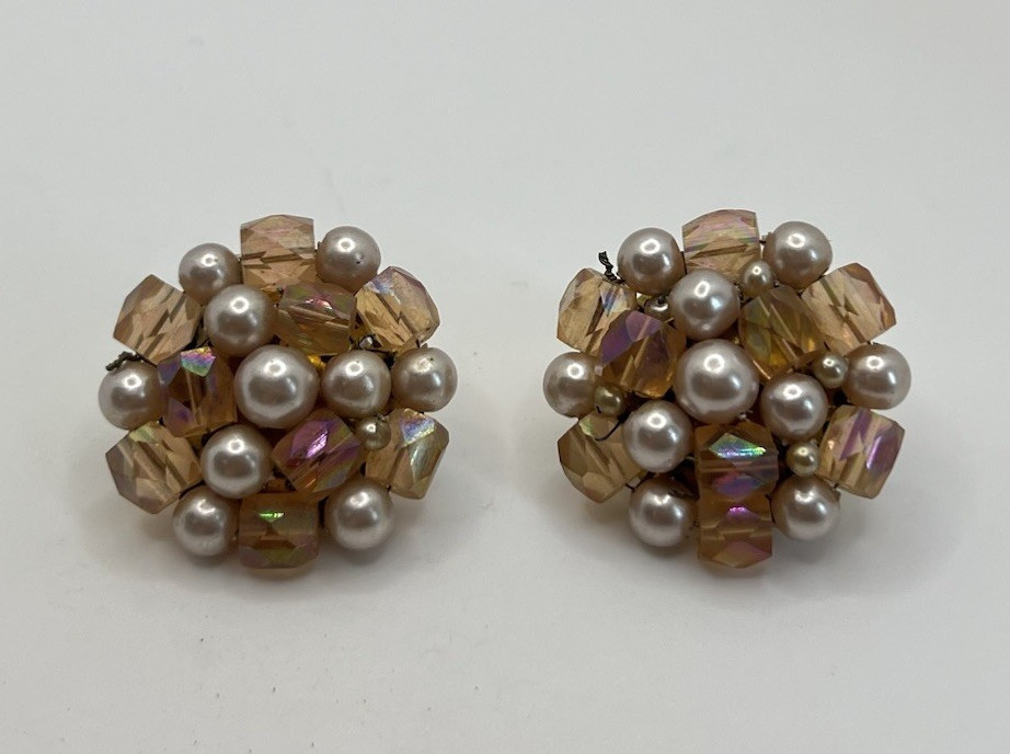 Vintage JAPAN Faux Pearl & Peach Aurora Borealis Beaded Cluster Clip On Earrings