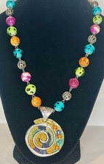 Y2K Art Glass Bead Necklace Enamel Swirl Pendant Multicolor Statement 23”