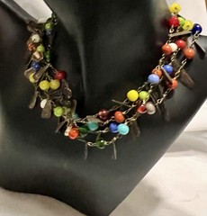 CZECH Flapper Length 54″ ART GLASS BEAD & TEARDROP METAL TAG Necklace VINTAGE