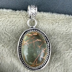 Vintage Rutilated Quartz Pendant Silver Tone Clear Resin and Tinsel