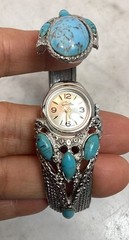 VTG Chateau Swiss Silver Tone Faux Turquoise Hidden Dial Bangle Bracelet Watch