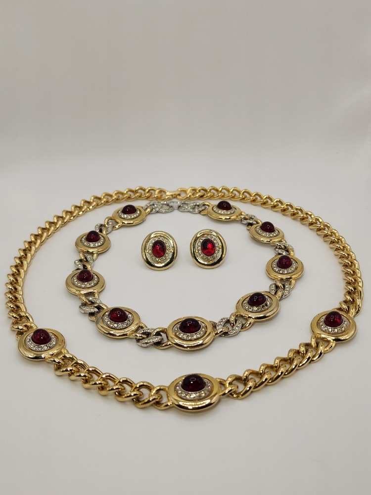 VINTAGE KENNETH LANE RARE 3 PIECE NECKLACE & EARRING SET GOLD RED CABOCHON