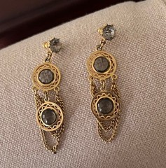 Vintage Celebrity Bezel Smokey Gray Crystal Stone Gold Chain Drop Earrings