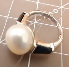 Art Deco ring QVC white pearl black crystals 925 sterling silver signet Size 5