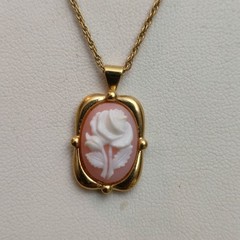 Crown Trifari Necklace Stamp Floral Cameo Pendant Gold Toned Vintage 1950 1970s