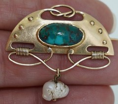 Signed Murrle Bennett & Co. Arts & Crafts 15K Turquoise Brooch 15ct
