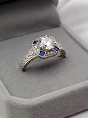 Vintage BBJ Sterling 1.00ct Round Crystal 4 Blue Sapphire Art Deco ring Sz9 4gr