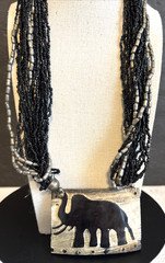 Vintage African Tribal Ethnic Boho Carved Elephant Multi Chain Bead Necklace
