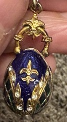 Vintage Egg Pendant Brooch Enamel Blue Green Rhinestone Marked 925 Fleur De Lis