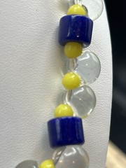 Vintage Antique Necklace Hand Knotted Clear Blue & Yellow Glass Beads #595