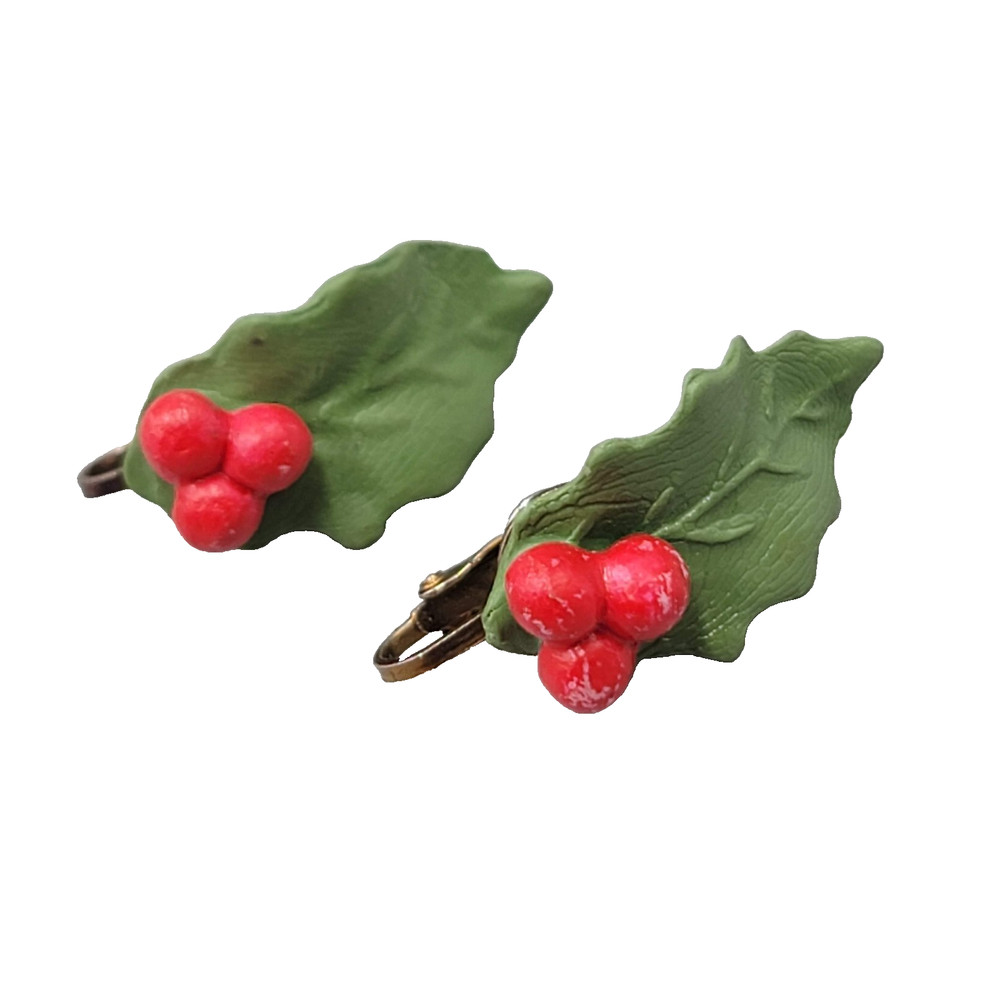 Vintage Christmas Holly Clip on Earrings Climber 1 in