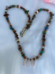 VINTAGE 1970s SOUTHWESTERN MULTI-STONE SEED BEAD NECKLACE ROSE QUARTZ TURQUOISE