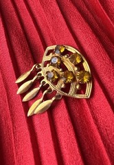 Vintage USSR Brooch Amber Glass Rhinestone Dangle Pendant Mid Century Soviet 60s
