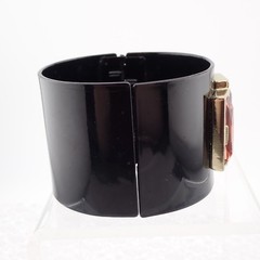 VTG 1980s Black Enamel 1 3/4″ Wide Pinkish Orange Jeweled 7.75″ Bangle Bracelet