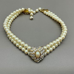 Richelieu Necklace Vintage Faux Pearl Double Strand Rhinestone Heart Choker