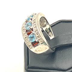 VTG Ring Sz 7 Blue Topaz Garnet Diamond Chips Channel Signed Sterling 925 Tested