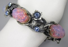 LOVELY VINTAGE SILVERTONE FAUX FIRE OPAL NECKLACE BRACELET EARRINGS SET -GERMANY