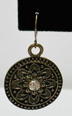 Antique Gold Tone Circle Dangle Earrings With Rhinestones 1.25in.