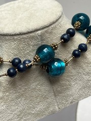 Vintage Teal Blue Glass & Dark Blue Wood Bead Brass Spacer Necklace 37”