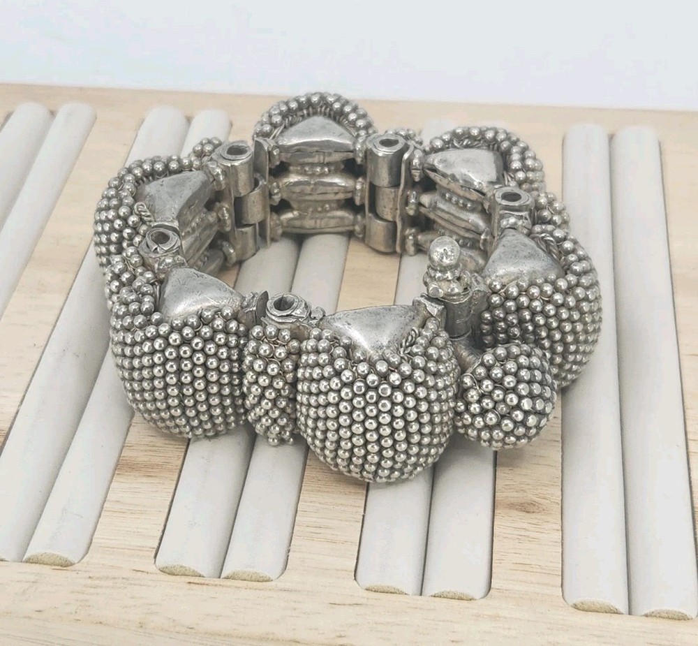 Antique Rajasthan Tribal Sterling Silver Granulated Bracelet 290g Handmade 6.75