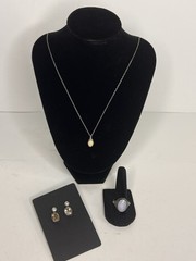 Vintage 925 Silver Lot: Rutilated Quartz Pearl Earrings Cameo Ring Shell Necklac