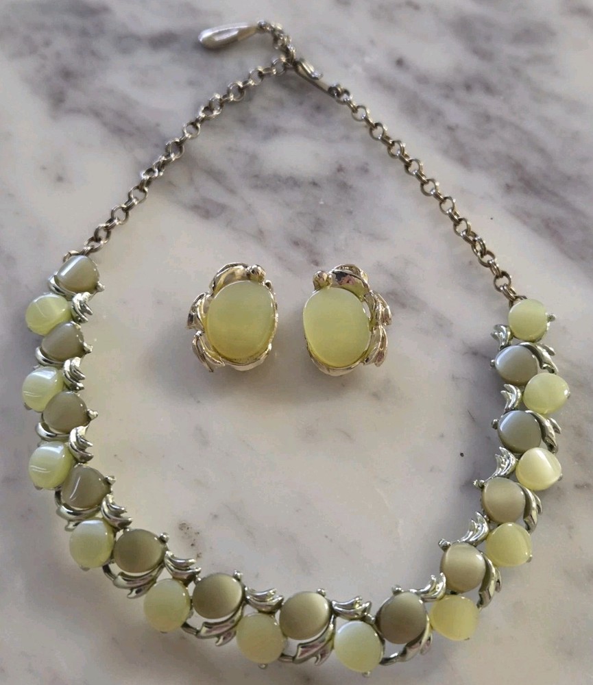 Vintage 2 PC Thermoset Necklace Clip On Earring Set Light Green Moonglow? Lucite