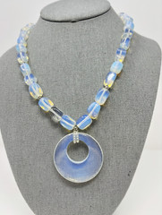 Opalescent Opalite Glass Bead Necklace Large Circle Pendant