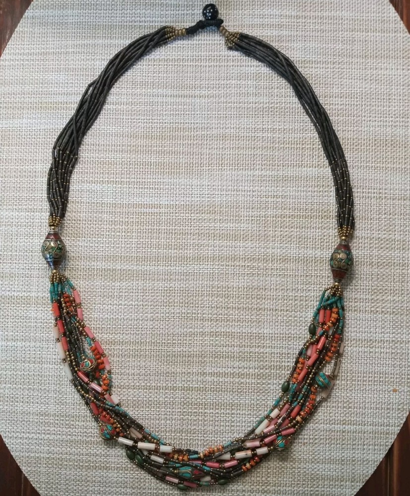 Vintage Tibet/Nepal Inlaid Turquoise Coral Brass Beaded Necklace Multi-Strand