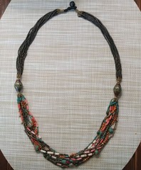 Vintage Tibet/Nepal Inlaid Turquoise Coral Brass Beaded Necklace Multi-Strand