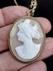 19th Century Carved Shell Portrait Cameo Pendant Necklace Gold Filled Chain Oval