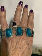 Vintage Teal Blue Stones Silver Tone Chain Bracelet With Safety Chain 7 Inches